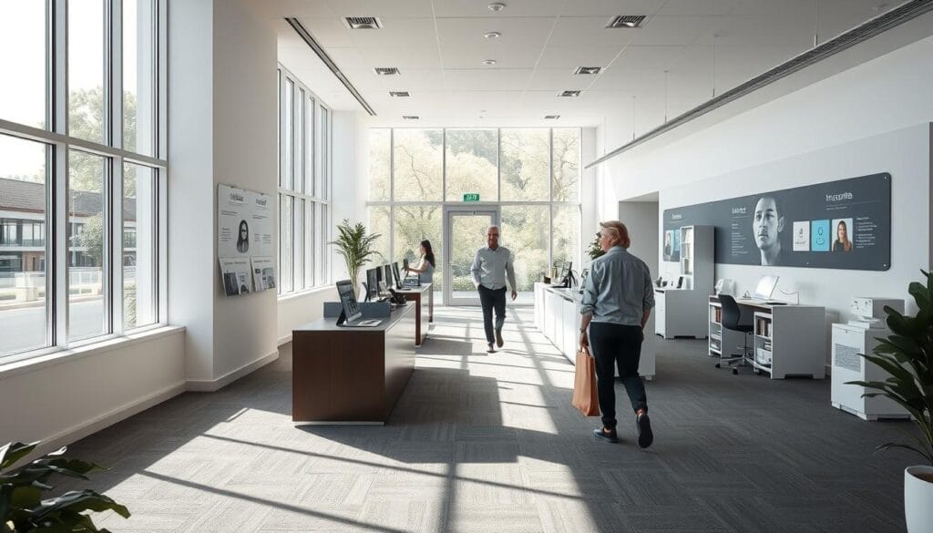 A serene and minimalist office space, bathed in natural light streaming through large windows. A customer effortlessly navigates the space, guided by intuitive signage and a clean, uncluttered layout. The path they follow is smooth and seamless, inviting them to explore the various product displays and service stations with ease. The overall atmosphere is calming and welcoming, reflecting a customer-centric approach that prioritizes a frictionless, enjoyable experience. Subtle textures, neutral tones, and carefully placed design elements create a sense of harmony and professionalism. The scene captures the essence of a "parcours client fluide" - a harmonious, user-friendly environment that enhances the customer's journey.
