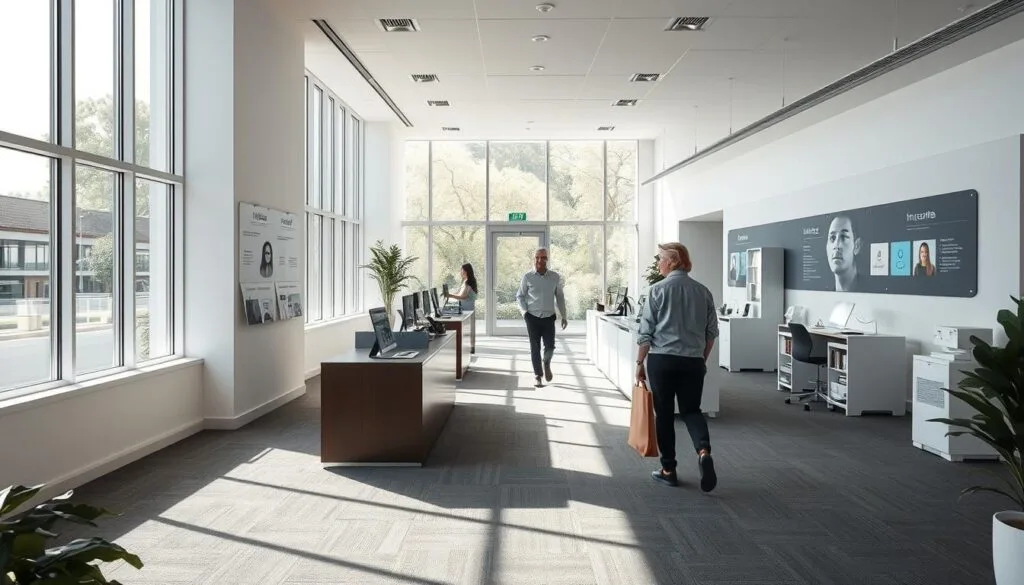 A serene and minimalist office space, bathed in natural light streaming through large windows. A customer effortlessly navigates the space, guided by intuitive signage and a clean, uncluttered layout. The path they follow is smooth and seamless, inviting them to explore the various product displays and service stations with ease. The overall atmosphere is calming and welcoming, reflecting a customer-centric approach that prioritizes a frictionless, enjoyable experience. Subtle textures, neutral tones, and carefully placed design elements create a sense of harmony and professionalism. The scene captures the essence of a "parcours client fluide" - a harmonious, user-friendly environment that enhances the customer's journey.