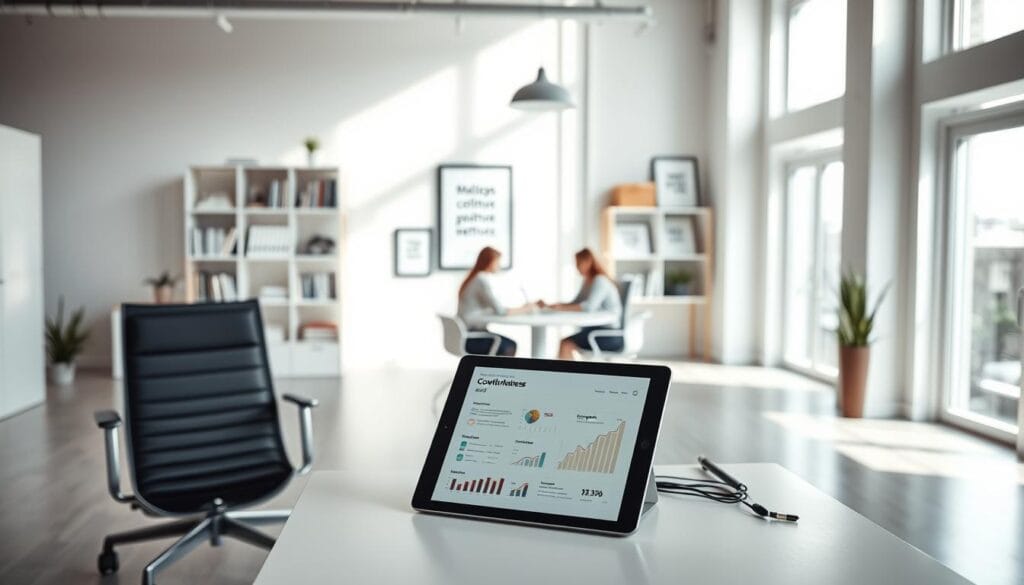 A serene, minimalist office space with natural light streaming through large windows. In the foreground, a sleek, ergonomic desk and chair arrangement, conveying a sense of order and productivity. On the desk, a tablet displaying growth metrics and strategy frameworks. The middle ground features a small team collaborating around a circular meeting table, discussing plans for controlled expansion. In the background, shelves filled with reference materials and framed inspirational quotes, creating an atmosphere of thoughtful, measured progress. The overall scene radiates a calming, disciplined aesthetic, embodying the concept of "Stratégies croissance maîtrisée entreprise". A serene, minimalist office space with natural light streaming through large windows. In the foreground, a sleek, ergonomic desk and chair arrangement, conveying a sense of order and productivity. On the desk, a tablet displaying growth metrics and strategy frameworks. The middle ground features a small team collaborating around a circular meeting table, discussing plans for controlled expansion. In the background, shelves filled with reference materials and framed inspirational quotes, creating an atmosphere of thoughtful, measured progress. The overall scene radiates a calming, disciplined aesthetic, embodying the concept of "Stratégies croissance maîtrisée entreprise".