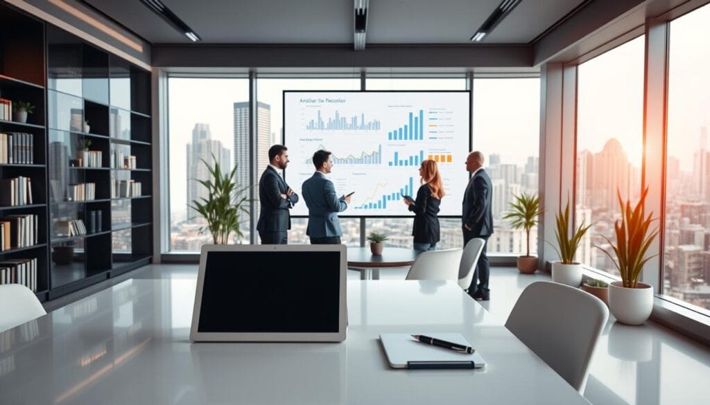 A sleek, modern corporate office interior with large windows overlooking a bustling city skyline. In the foreground, a white desk with a laptop, tablet, and pen set, representing data integration. In the middle ground, a team of professionals discussing analytics dashboards and charts projected onto a wall, demonstrating the strategic integration of data into the business plan. The background features bookshelves, potted plants, and subtle warm lighting, conveying a professional yet comfortable atmosphere. The overall scene emphasizes the seamless blend of data-driven insights and strategic decision-making.