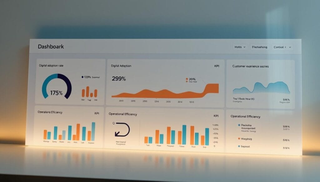 A sleek, modern dashboard displaying key performance indicators for digital transformation, illuminated by soft, directional lighting from the side. The dashboard features clean, minimalist design with clearly labeled metrics such as digital adoption rate, customer experience scores, and operational efficiency KPIs. The layout is balanced and visually appealing, with intuitive data visualizations that convey the success of the digitalization efforts at a glance. The overall mood is one of clarity, progress, and a sense of control over the digital transformation process.