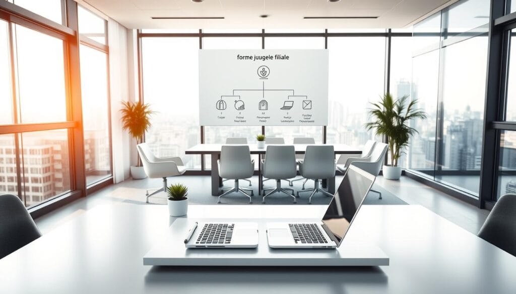 A sleek, modern office setting with a minimalist design aesthetic. In the foreground, a crisp, geometric desk with a laptop, pen, and a small potted plant. Behind it, a wall-mounted display showcases a visual representation of "forme juridique filiale" - clean, abstract shapes and icons symbolizing the various legal structures and hierarchies of a subsidiary company. The middle ground features comfortable modern chairs and a conference table, creating an atmosphere of professionalism and decision-making. The background is a large window overlooking a cityscape, bathed in warm, natural lighting that fills the space. The overall mood is one of efficiency, clarity, and thoughtful consideration of the legal aspects of a new business venture. A sleek, modern office setting with a minimalist design aesthetic. In the foreground, a crisp, geometric desk with a laptop, pen, and a small potted plant. Behind it, a wall-mounted display showcases a visual representation of "forme juridique filiale" - clean, abstract shapes and icons symbolizing the various legal structures and hierarchies of a subsidiary company. The middle ground features comfortable modern chairs and a conference table, creating an atmosphere of professionalism and decision-making. The background is a large window overlooking a cityscape, bathed in warm, natural lighting that fills the space. The overall mood is one of efficiency, clarity, and thoughtful consideration of the legal aspects of a new business venture.