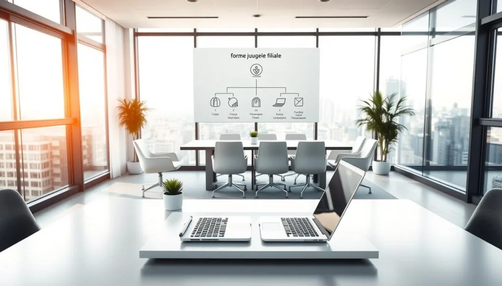 A sleek, modern office setting with a minimalist design aesthetic. In the foreground, a crisp, geometric desk with a laptop, pen, and a small potted plant. Behind it, a wall-mounted display showcases a visual representation of "forme juridique filiale" - clean, abstract shapes and icons symbolizing the various legal structures and hierarchies of a subsidiary company. The middle ground features comfortable modern chairs and a conference table, creating an atmosphere of professionalism and decision-making. The background is a large window overlooking a cityscape, bathed in warm, natural lighting that fills the space. The overall mood is one of efficiency, clarity, and thoughtful consideration of the legal aspects of a new business venture.