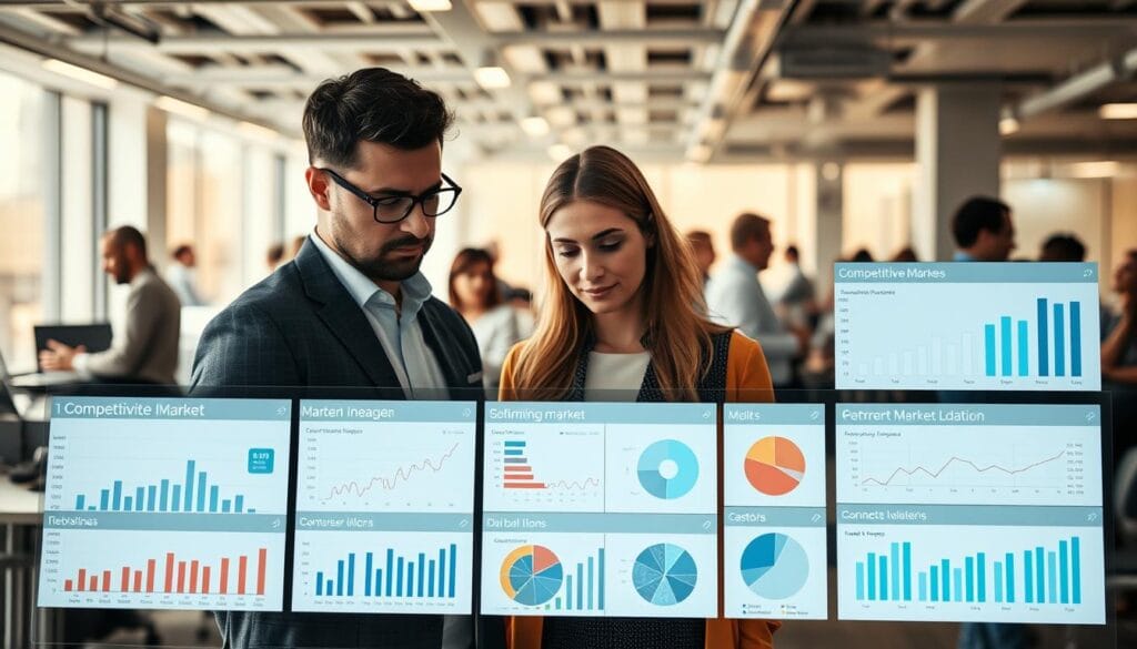 A sophisticated data visualization dashboard depicting competitive market insights. In the foreground, a sleek, minimalist interface displays an array of interactive charts, graphs, and data visualizations. The middle ground features a team of analysts intently studying the data, their expressions conveying deep concentration. The background showcases a bustling office environment, with other employees collaborating and sharing insights. Soft, directional lighting creates a sense of focus and professionalism. The overall scene communicates the process of interpreting and leveraging competitive data to drive strategic business decisions.