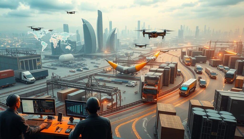 A sprawling, futuristic supply chain operation, with streamlined logistics and AI-powered automation. In the foreground, a team of workers monitor dashboards and interact with holographic interfaces, overseeing the seamless flow of goods. In the middle ground, autonomous delivery vehicles and drones zip between warehouses and distribution hubs, their movements choreographed by intelligent algorithms. The background depicts a gleaming, high-tech cityscape, where towering skyscrapers and clean energy infrastructure create an atmosphere of technological progress and innovation. Soft, diffused lighting illuminates the scene, casting a warm, optimistic glow. The overall composition conveys the power of AI to revolutionize the supply chain and transform the customer experience. A sprawling, futuristic supply chain operation, with streamlined logistics and AI-powered automation. In the foreground, a team of workers monitor dashboards and interact with holographic interfaces, overseeing the seamless flow of goods. In the middle ground, autonomous delivery vehicles and drones zip between warehouses and distribution hubs, their movements choreographed by intelligent algorithms. The background depicts a gleaming, high-tech cityscape, where towering skyscrapers and clean energy infrastructure create an atmosphere of technological progress and innovation. Soft, diffused lighting illuminates the scene, casting a warm, optimistic glow. The overall composition conveys the power of AI to revolutionize the supply chain and transform the customer experience.