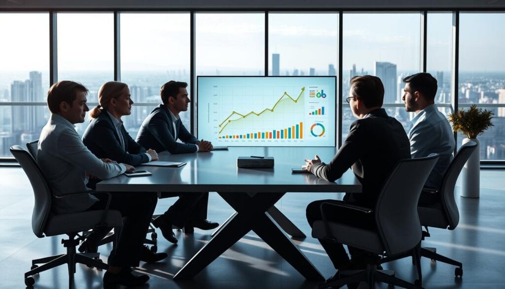 A strategic business growth plan unfolds across a modern, minimalist office setting. In the foreground, a team of professionals collaborate around a sleek conference table, their expressions focused and engaged. Soft, directional lighting illuminates the scene, casting subtle shadows that convey a sense of depth and structure. The middle ground features a large, digital display presenting a visually compelling growth strategy, its graphics and charts clear and concise. In the background, floor-to-ceiling windows offer a panoramic view of a bustling cityscape, symbolizing the expansive potential of the enterprise. The overall mood is one of calculated determination, as the team navigates the challenges and opportunities of rapid business growth. A strategic business growth plan unfolds across a modern, minimalist office setting. In the foreground, a team of professionals collaborate around a sleek conference table, their expressions focused and engaged. Soft, directional lighting illuminates the scene, casting subtle shadows that convey a sense of depth and structure. The middle ground features a large, digital display presenting a visually compelling growth strategy, its graphics and charts clear and concise. In the background, floor-to-ceiling windows offer a panoramic view of a bustling cityscape, symbolizing the expansive potential of the enterprise. The overall mood is one of calculated determination, as the team navigates the challenges and opportunities of rapid business growth.