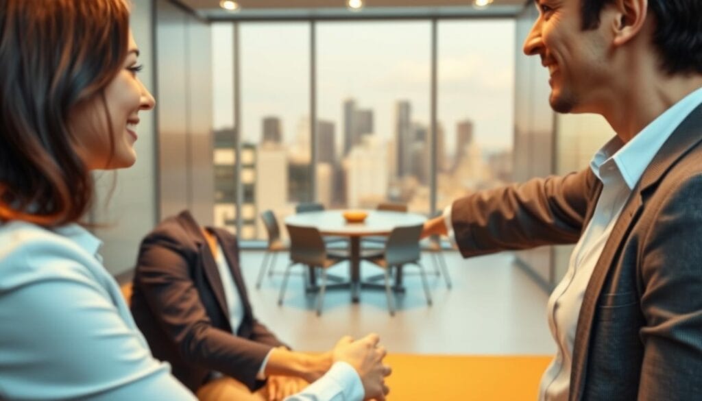 A strategic partnership selection process, depicted through a thoughtful scene. In the foreground, two businesspeople shake hands, their expressions conveying a sense of collaboration and trust. In the middle ground, a meeting table surrounded by chairs, symbolizing negotiations and decision-making. The background features a city skyline, hinting at the broader business landscape and potential opportunities. Soft, warm lighting casts a professional, yet inviting atmosphere. The scene is captured through a medium-wide angle lens, allowing the viewer to appreciate the nuanced interplay between the key elements. A strategic partnership selection process, depicted through a thoughtful scene. In the foreground, two businesspeople shake hands, their expressions conveying a sense of collaboration and trust. In the middle ground, a meeting table surrounded by chairs, symbolizing negotiations and decision-making. The background features a city skyline, hinting at the broader business landscape and potential opportunities. Soft, warm lighting casts a professional, yet inviting atmosphere. The scene is captured through a medium-wide angle lens, allowing the viewer to appreciate the nuanced interplay between the key elements.