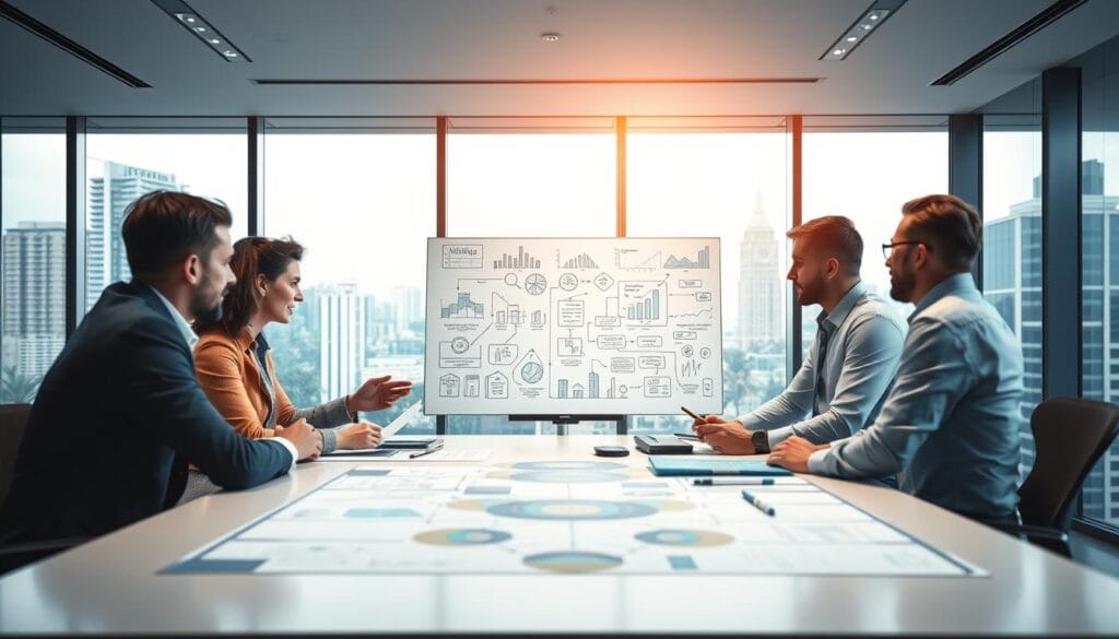 A strategic planning session unfolding in a modern, well-lit office setting. In the foreground, a team of professionals gathered around a large conference table, engaged in animated discussion, referencing notes and digital displays. The middle ground features a whiteboard filled with detailed diagrams, charts, and thought-provoking concepts. In the background, floor-to-ceiling windows offer a panoramic view of a bustling cityscape, creating a sense of connectivity and global perspective. Soft, indirect lighting casts a warm, focused glow over the scene, emphasizing the collaborative, forward-thinking atmosphere. The overall composition conveys a thoughtful, intentional approach to strategizing and implementation. A strategic planning session unfolding in a modern, well-lit office setting. In the foreground, a team of professionals gathered around a large conference table, engaged in animated discussion, referencing notes and digital displays. The middle ground features a whiteboard filled with detailed diagrams, charts, and thought-provoking concepts. In the background, floor-to-ceiling windows offer a panoramic view of a bustling cityscape, creating a sense of connectivity and global perspective. Soft, indirect lighting casts a warm, focused glow over the scene, emphasizing the collaborative, forward-thinking atmosphere. The overall composition conveys a thoughtful, intentional approach to strategizing and implementation.