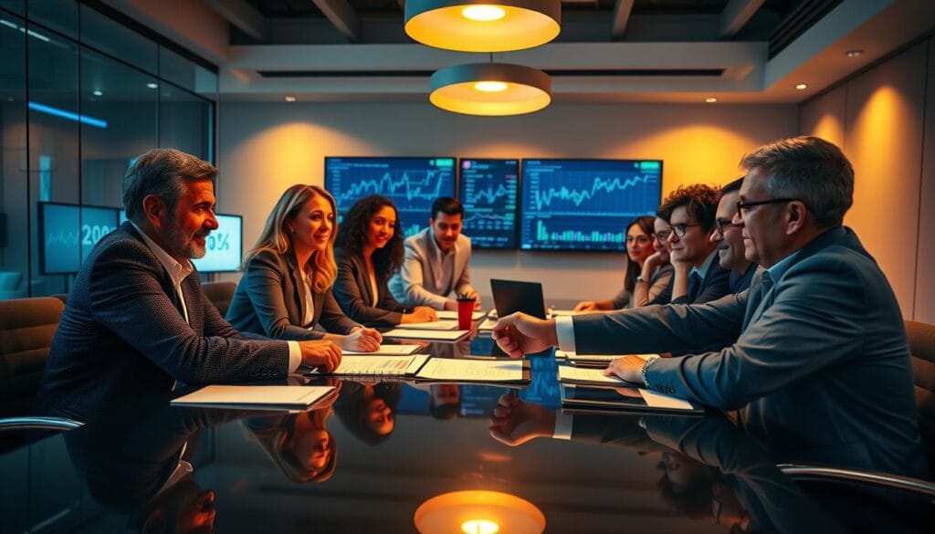 A team of diverse financial partners and investors gathered around a sleek conference table, poring over financial documents and discussing investment opportunities with a sense of focused collaboration. The scene is illuminated by warm, overhead lighting that casts a professional, yet inviting atmosphere. In the foreground, a handshake seals a deal, while in the background, charts and graphs on computer screens indicate the depth of analysis being conducted. The overall mood conveys an air of calculated risk-taking, tempered by careful deliberation, as this group of experienced financiers work to identify the most promising investment prospects.