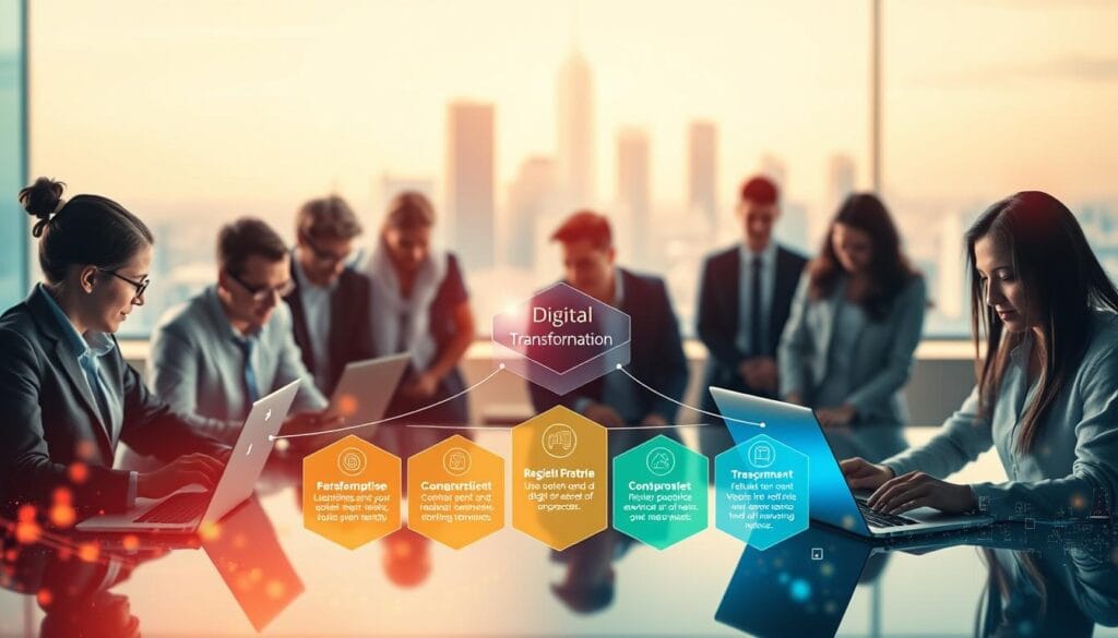 A vibrant and dynamic digital transformation journey, captured in a striking composition. In the foreground, a diverse team of professionals collaborates seamlessly, their laptops and digital devices illuminating the scene. The middle ground showcases a stylized, geometric representation of the key steps in the digital transition process, each element flowing together harmoniously. In the background, a blurred cityscape provides a sense of progress and growth, symbolizing the enterprise's transition towards a more digital-centric future. The lighting is soft and warm, creating a sense of optimism and innovation. The overall atmosphere conveys a well-planned, organized, and successful digital transformation.