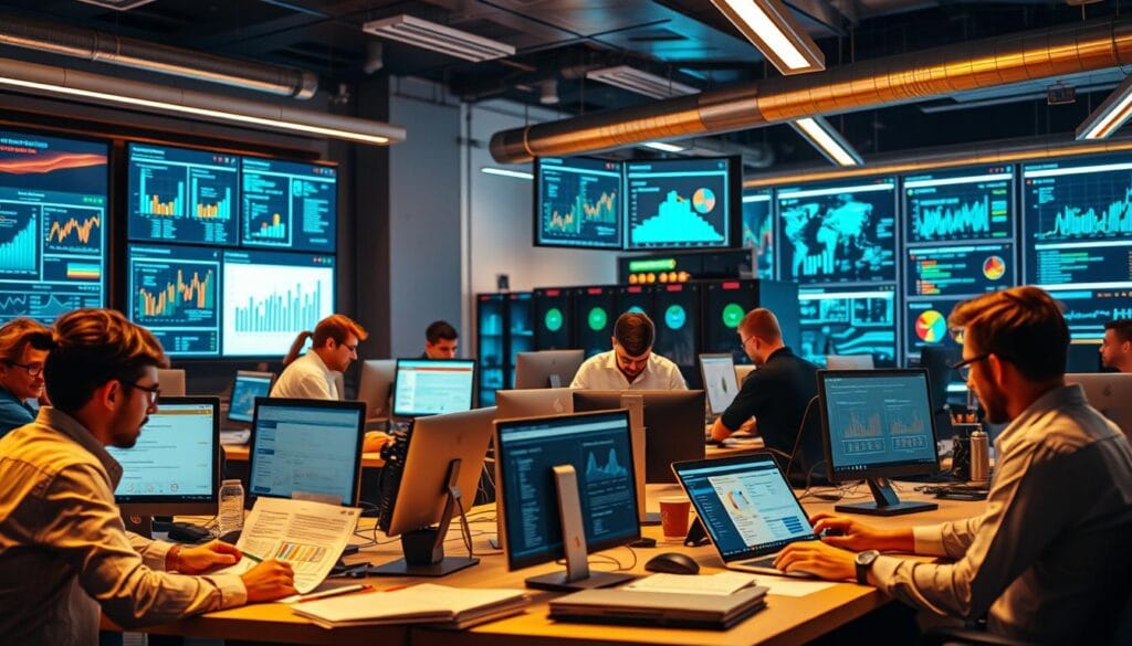 A vibrant and dynamic workspace filled with competitive intelligence gathering. In the foreground, a team of analysts meticulously collects and organizes data from various sources - reports, news articles, and online platforms. In the middle ground, interactive dashboards and visualizations bring the insights to life, enabling strategic decision-making. The background features a blend of technology - sleek monitors, complex algorithms, and secure data servers - all working in harmony to empower the competitive analysis process. Warm lighting and a sense of focus and determination pervade the scene, reflecting the crucial role of competitive intelligence in shaping a company's strategic positioning.