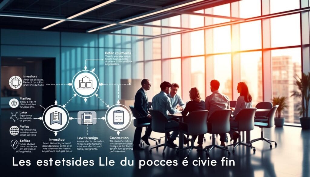 A vibrant digital illustration showcasing the key stages of a successful fundraising process. The foreground depicts a detailed infographic-style visualization, with clean geometric shapes, icons, and connective arrows guiding the viewer through the step-by-step progression. The middle ground features a team of diverse professionals - investors, entrepreneurs, and financial experts - gathered around a conference table, engaged in animated discussion. The background offers a sleek, modern office setting, with floor-to-ceiling windows bathed in warm, directional lighting, creating a sense of productivity and collaboration. The overall tone is one of clarity, professionalism, and forward momentum, perfectly capturing the essence of the "Les étapes clés du processus de levée de fonds" section.