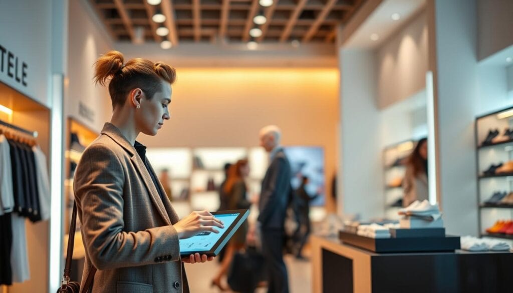 A vibrant, personalized retail experience with a modern, minimalist store interior. In the foreground, a stylishly-dressed customer interacts with a sleek, touchscreen display, exploring a customized product selection. The middle ground features neatly arranged product displays, showcasing the store's attention to detail and personalized offerings. The background depicts warm, diffused lighting and clean, geometric architectural elements, creating a welcoming and immersive atmosphere. The scene conveys a sense of tailored convenience, seamless integration of digital and physical touchpoints, and an elevated, customer-centric experience.