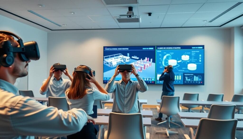 A vibrant virtual reality training session unfolds in a modern, well-equipped classroom. In the foreground, a group of trainees immersed in VR headsets, their movements and gestures captured by motion tracking cameras. The middle ground showcases a large interactive display, projecting 3D simulations and data visualizations to enhance the learning experience. The background features sleek, ergonomic furniture and subtle, ambient lighting that sets a productive, tech-forward atmosphere. Soft shadows and highlights create depth, while the clean, minimalist design conveys professionalism and innovation. This image captures the power of VR technology to transform corporate training, driving engagement and knowledge retention. A vibrant virtual reality training session unfolds in a modern, well-equipped classroom. In the foreground, a group of trainees immersed in VR headsets, their movements and gestures captured by motion tracking cameras. The middle ground showcases a large interactive display, projecting 3D simulations and data visualizations to enhance the learning experience. The background features sleek, ergonomic furniture and subtle, ambient lighting that sets a productive, tech-forward atmosphere. Soft shadows and highlights create depth, while the clean, minimalist design conveys professionalism and innovation. This image captures the power of VR technology to transform corporate training, driving engagement and knowledge retention.