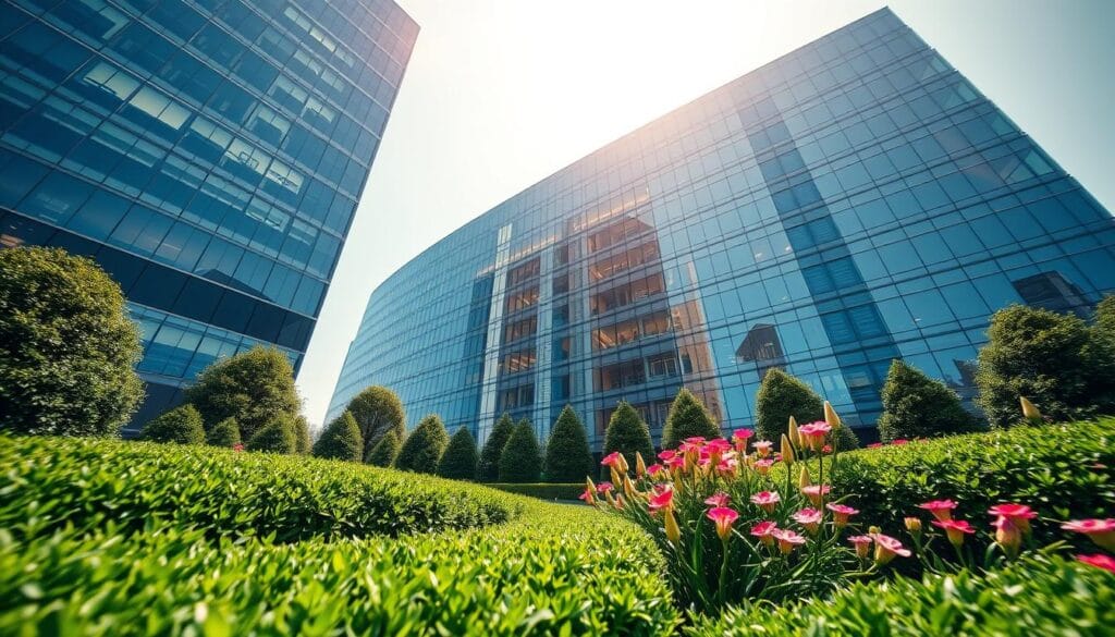 A visually striking, wide-angle shot of a towering, modern office building with a sleek, glass facade that reflects the sky and surrounding environment. The building's architectural design features clean lines, bold angles, and a sense of scale and grandeur that conveys the idea of "scalabilité entreprise". In the foreground, a lush, manicured garden with neatly trimmed hedges and vibrant flowers creates a serene, natural contrast to the imposing structure. The lighting is crisp and illuminating, casting long shadows that emphasize the building's impressive dimensions. The overall scene evokes a sense of growth, adaptability, and the dynamic evolution of a thriving enterprise.
