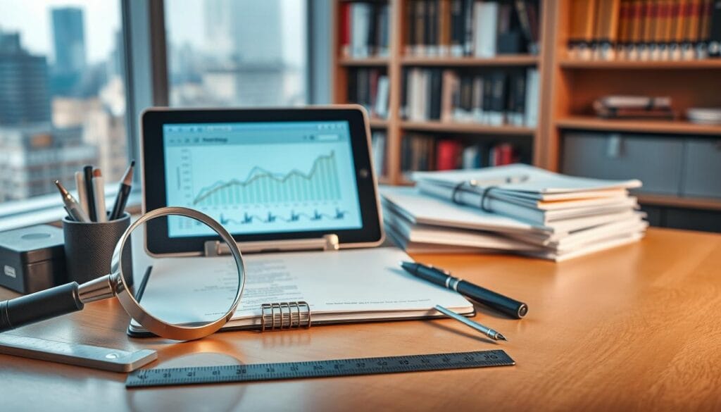 A well-lit, high-resolution image of a desk with various analytical tools and instruments arranged neatly. In the foreground, a magnifying glass, a ruler, and a pair of calipers sit alongside a notebook and pen. In the middle ground, a tablet displaying a graph or chart, and a stack of business documents. In the background, a bookshelf filled with business strategy books and a window overlooking a cityscape, suggesting an office setting. The overall mood is one of focus, precision, and a sense of strategic analysis.