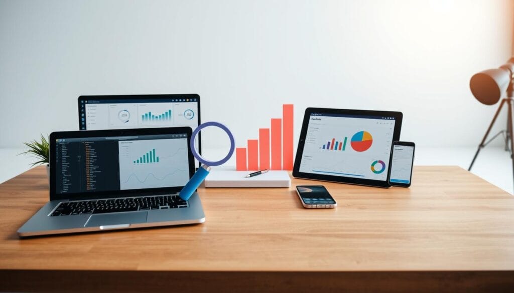 A well-lit, high-resolution image of an assortment of web analytics tools arranged neatly on a modern, minimalist wooden desk. In the foreground, an open laptop, a tablet, and a smartphone display various dashboards and data visualizations. In the middle ground, a stylized magnifying glass, a bar graph chart, and a pie chart icon hover over the desk, conveying the idea of data analysis. In the background, a clean, airy studio setting with large windows and a subtle gradient wall, creating a sense of professionalism and productivity. The overall mood is one of efficiency, attention to detail, and a focus on uncovering insights from digital data.