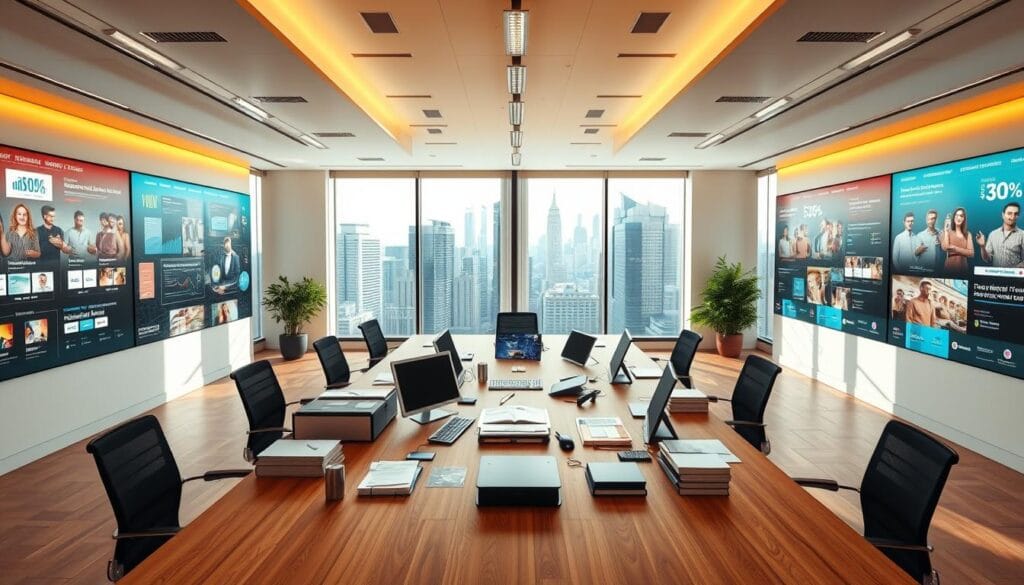 An expansive, sunlit office space with a large wooden table in the center. On the table, an orderly arrangement of office supplies, documents, and digital devices - a quintessential "mise en place" for strategic omnichannel planning. The walls are adorned with vibrant digital displays, showcasing customer data, marketing campaigns, and e-commerce analytics. Overhead, soft, diffused lighting casts a warm glow, creating an atmosphere of focused collaboration. In the background, a panoramic window overlooking a bustling city skyline, symbolizing the interconnected, multi-channel nature of the strategy. The scene conveys a sense of clarity, organization, and a holistic, customer-centric approach to omnichannel success.