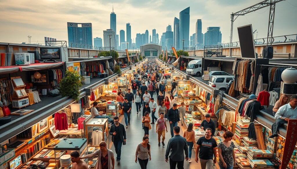 An overhead view of a bustling consumer market, with a diverse array of shoppers navigating vibrant stalls filled with a wide range of products. The foreground showcases a carefully curated selection of consumer goods, including electronics, home decor, and apparel, all meticulously displayed to attract potential buyers. The middle ground captures the energy of the marketplace, with people of various ages and backgrounds engaged in lively interactions and transactions. The background features a backdrop of modern city skylines, suggesting the broader economic and social context in which this consumer market operates. The lighting is warm and inviting, casting a soft glow over the entire scene, creating a welcoming and engaging atmosphere. The overall composition emphasizes the dynamic interplay between consumers, products, and the market environment, conveying the essence of "Analyser le marché et les consommateurs". An overhead view of a bustling consumer market, with a diverse array of shoppers navigating vibrant stalls filled with a wide range of products. The foreground showcases a carefully curated selection of consumer goods, including electronics, home decor, and apparel, all meticulously displayed to attract potential buyers. The middle ground captures the energy of the marketplace, with people of various ages and backgrounds engaged in lively interactions and transactions. The background features a backdrop of modern city skylines, suggesting the broader economic and social context in which this consumer market operates. The lighting is warm and inviting, casting a soft glow over the entire scene, creating a welcoming and engaging atmosphere. The overall composition emphasizes the dynamic interplay between consumers, products, and the market environment, conveying the essence of "Analyser le marché et les consommateurs".