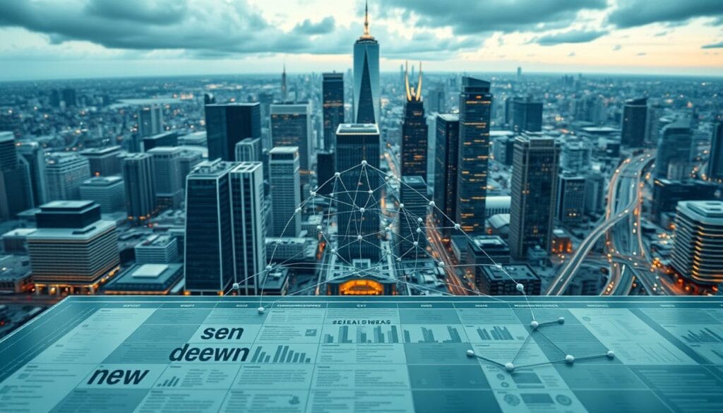Detailed business landscape depicting the competitive perimeter study. In the foreground, a strategic analysis grid with key industry players and market segments. In the middle ground, a network of interconnected nodes representing competitive intelligence data. In the background, a cityscape with sleek skyscrapers and bustling streets, symbolizing the broader market context. Utilize a cool, corporate color palette with metallic accents. Employ a high-resolution, cinematic camera angle to convey a sense of scale and importance. Maintain a balanced, symmetrical composition that feels authoritative and professional.