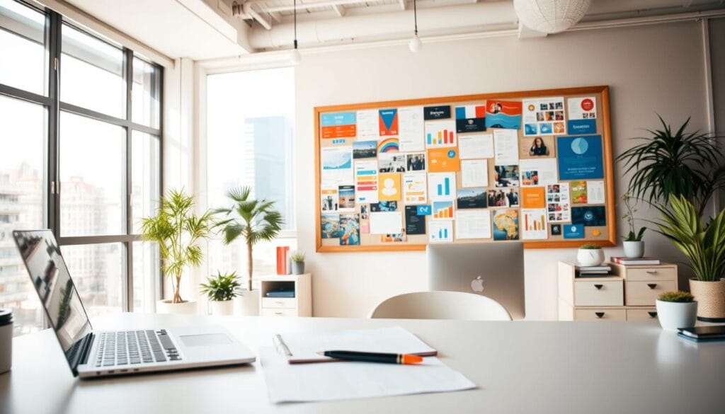 A bright, airy workspace filled with various content types. In the foreground, a desktop with a laptop, notepad, and pen, hinting at written content. The middle ground features a bulletin board displaying colorful infographics, photos, and social media icons, representing visual and multimedia content. In the background, a large window overlooks a bustling city, conveying a sense of connection and engagement. The lighting is soft and natural, creating a welcoming, creative atmosphere. The scene is captured with a wide-angle lens, emphasizing the depth and balance of the different content elements. A bright, airy workspace filled with various content types. In the foreground, a desktop with a laptop, notepad, and pen, hinting at written content. The middle ground features a bulletin board displaying colorful infographics, photos, and social media icons, representing visual and multimedia content. In the background, a large window overlooks a bustling city, conveying a sense of connection and engagement. The lighting is soft and natural, creating a welcoming, creative atmosphere. The scene is captured with a wide-angle lens, emphasizing the depth and balance of the different content elements.