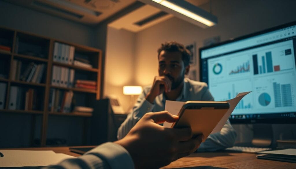 A dimly lit office interior with a decision-maker thoughtfully considering reports and data on a computer screen. Soft lighting casts a warm glow, enhancing the sense of concentration and deliberation. In the foreground, a hand rests on a smartphone, symbolizing the integration of information from various sources. The background features bookshelves, a filing cabinet, and subtle corporate branding, conveying a professional, efficient workspace. The mood is one of contemplation, with the subject fully immersed in the process of informed decision-making.