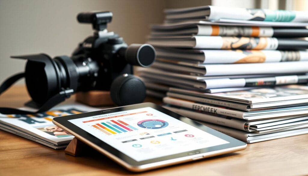 A diverse array of content formats arranged in a visually striking composition. In the foreground, a sleek tablet displaying an interactive infographic, its vibrant colors and clean lines catching the eye. In the middle ground, a professional camera and microphone, hinting at the potential for video and audio content. The background features a stack of neatly organized print materials, their covers showcasing a range of stylized designs. Soft, diffused lighting illuminates the scene, creating a sense of balance and harmony. The overall atmosphere is one of creative potential, inviting the viewer to explore the many ways to engage with the content.