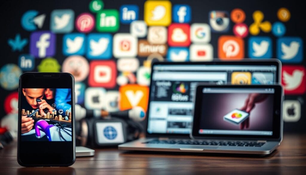 A diverse array of social media content formats fills the frame, each showcasing its unique visual expression. In the foreground, a smartphone displays an immersive video, its crisp display capturing the viewer's attention. Alongside it, a sleek laptop screen presents a visually captivating infographic, its clean lines and vibrant colors drawing the eye. In the middle ground, a tablet displays a polished product shot, its elegant lighting and composition highlighting the item's features. In the background, a collage of social media platform logos and symbols, each representing a different way to engage and connect with an audience. The overall scene conveys a sense of dynamism and adaptability, emphasizing the importance of diversifying content formats to reach a wide and diverse audience.