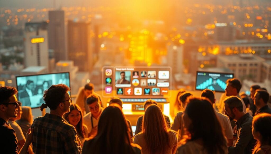 A dynamic digital landscape, illuminated by a warm, golden glow. In the foreground, a diverse group of individuals engage in lively discussions, their faces animated with excitement. The middle ground features a central hub, a sleek platform where content is curated and shared, surrounded by vibrant icons and interactive elements. In the background, a soft, blurred cityscape provides a sense of context, hinting at the larger online community. The overall atmosphere is one of connection, collaboration, and a shared passion for creating meaningful, impactful content.