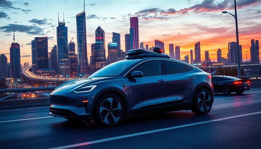 A futuristic city skyline at dusk, with a dynamic cityscape of high-rise buildings and modern infrastructure. In the foreground, a sleek and technologically-advanced self-driving electric car, its sensors and cameras capturing the surrounding environment. The car seamlessly navigates the urban landscape, communicating with nearby vehicles and the city's smart infrastructure. Vibrant colors and a sense of technological progress permeate the scene, reflecting the digitalization and intelligent connectivity transforming the automotive industry.