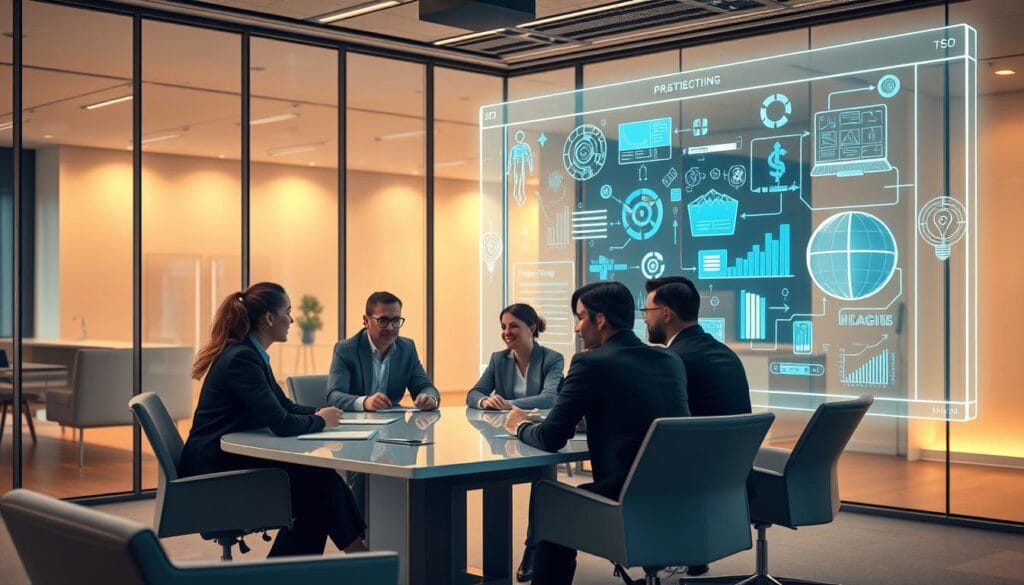 A high-tech office setting with a glass-walled meeting room, minimalist furnishings, and sleek digital devices. The room is bathed in a warm, ambient light, creating a professional yet inviting atmosphere. In the foreground, a team of executives is gathered around a large table, engaged in a collaborative discussion, their faces expressing thoughtful concentration. In the background, a holographic display projects intricate digital schematics and data visualizations, symbolizing the integration of technology and productivity strategies. The composition conveys a sense of innovation, efficiency, and the synergy between digital transformation and enhanced team performance.