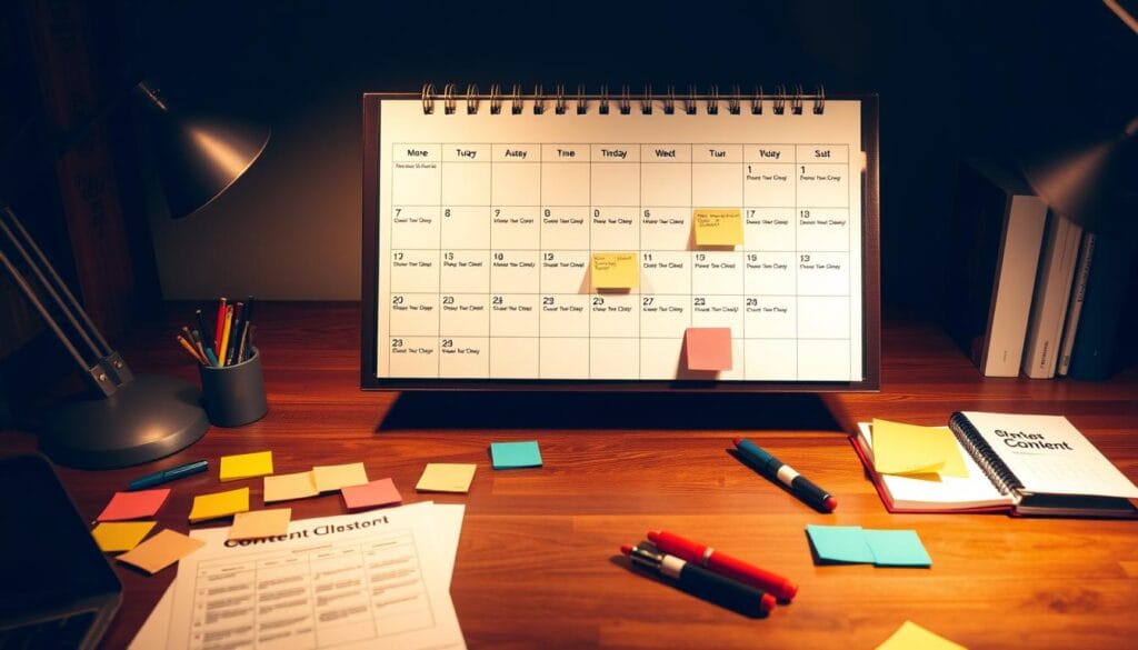 A meticulously planned calendar displayed on a polished wooden desk, with various multicolored sticky notes and markers scattered around, conveying a sense of organized productivity. The calendar features a clean, minimalist design with bold dates and thoughtfully arranged blocks for scheduling content publication. Warm, diffused lighting casts a cozy glow, creating an atmosphere of focused creativity. The scene evokes a sense of strategic planning and efficient content management, perfectly suited to illustrate the "Planifier et organiser la réutilisation de vos contenus" section of the article.