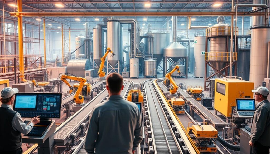 A modern, highly automated industrial facility with a focus on optimization and resource efficiency. In the foreground, a team of workers collaborates using digital interfaces and control panels, monitoring production processes in real-time. The middle ground features an intricate network of conveyor belts, robotic arms, and precision machinery, all operating in harmony. In the background, towering silos, storage tanks, and high-tech control rooms suggest a comprehensive, data-driven approach to managing resources and optimizing workflows. Warm, neutral lighting casts a glow over the scene, creating a sense of productivity and technological sophistication. The overall atmosphere conveys a streamlined, forward-thinking industrial landscape, where digitization has transformed traditional production methods.