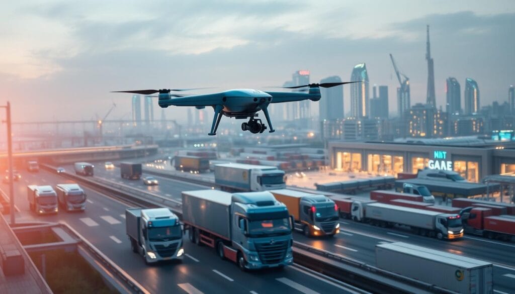 A modern logistics and transportation hub, bustling with activity. In the foreground, autonomous delivery drones take flight, their sleek silhouettes cutting through a soft, diffused light. In the middle ground, self-driving trucks and cargo vehicles navigate efficiently through a network of digital infrastructure, with AI-powered logistics platforms coordinating seamless operations. The background is a cityscape of towering warehouses and futuristic intermodal terminals, their facades adorned with glowing LED displays and sensors, symbolizing the digitalization transforming this sector. The scene exudes a sense of progress, with technology enhancing the speed, precision, and sustainability of logistics and transportation.