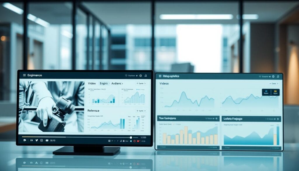A neatly arranged set of video performance analytics dashboards, with clear charts, graphs, and key metrics displayed on a sleek, modern interface. The foreground features an elegant, minimalist video player with playback controls, while the middle ground showcases a series of responsive, data-driven visualizations that provide insights into video engagement, retention, and audience behavior. The background has a soft, blurred cityscape or office environment, conveying a professional, corporate atmosphere. The lighting is subtle and directional, creating depth and highlighting the crisp, clean design elements. The overall mood is one of clarity, precision, and data-driven decision making. A neatly arranged set of video performance analytics dashboards, with clear charts, graphs, and key metrics displayed on a sleek, modern interface. The foreground features an elegant, minimalist video player with playback controls, while the middle ground showcases a series of responsive, data-driven visualizations that provide insights into video engagement, retention, and audience behavior. The background has a soft, blurred cityscape or office environment, conveying a professional, corporate atmosphere. The lighting is subtle and directional, creating depth and highlighting the crisp, clean design elements. The overall mood is one of clarity, precision, and data-driven decision making.