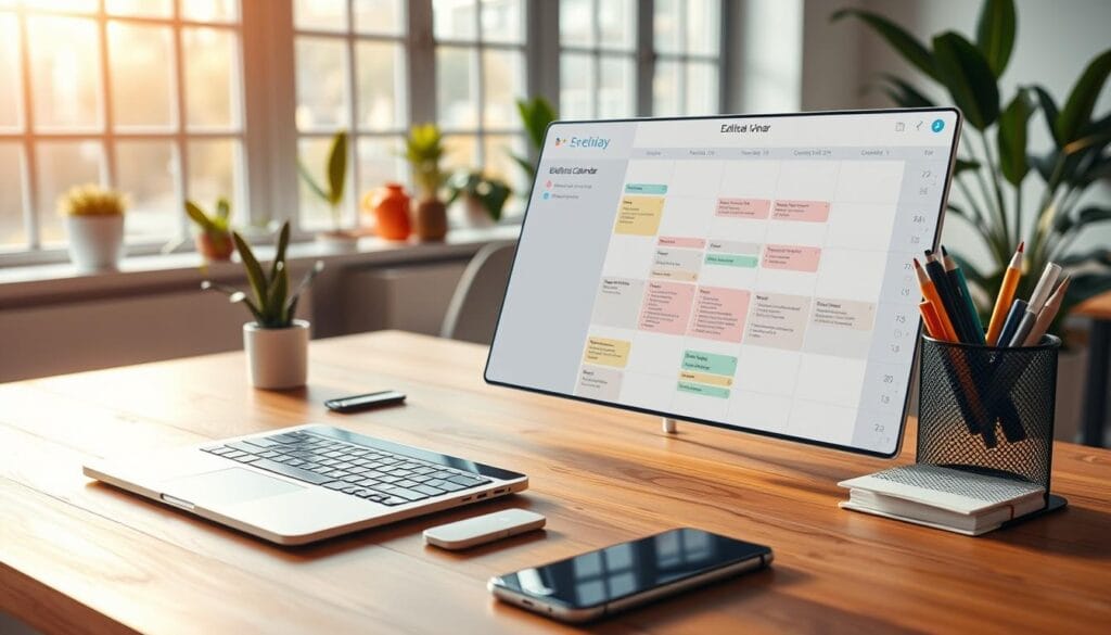A neatly organized editorial calendar displayed on a minimalist wooden desk, lit by warm natural light filtering through large windows. The calendar features a clean, intuitive interface with color-coded tasks, project deadlines, and social media post schedules. In the foreground, a laptop and smartphone suggest the tools used to track and optimize the editorial plan. The middle ground showcases a stylish desk organizer with pens, highlighters, and sticky notes, hinting at the hands-on workflow. The background depicts a serene, plant-filled office space, conveying a sense of focus and productivity. A neatly organized editorial calendar displayed on a minimalist wooden desk, lit by warm natural light filtering through large windows. The calendar features a clean, intuitive interface with color-coded tasks, project deadlines, and social media post schedules. In the foreground, a laptop and smartphone suggest the tools used to track and optimize the editorial plan. The middle ground showcases a stylish desk organizer with pens, highlighters, and sticky notes, hinting at the hands-on workflow. The background depicts a serene, plant-filled office space, conveying a sense of focus and productivity.