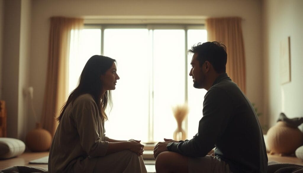 A serene and sincere conversation between two people, captured in a warm, natural light. The foreground depicts two figures sitting face-to-face, their body language open and engaged, their expressions thoughtful and genuine. The middle ground is a cozy, minimalist interior, with muted colors and organic textures that create a sense of intimacy and comfort. In the background, a large window allows soft, diffused daylight to filter in, bathing the scene in a soft, ambient glow. The overall atmosphere conveys a sense of genuine connection, authenticity, and meaningful exchange. A serene and sincere conversation between two people, captured in a warm, natural light. The foreground depicts two figures sitting face-to-face, their body language open and engaged, their expressions thoughtful and genuine. The middle ground is a cozy, minimalist interior, with muted colors and organic textures that create a sense of intimacy and comfort. In the background, a large window allows soft, diffused daylight to filter in, bathing the scene in a soft, ambient glow. The overall atmosphere conveys a sense of genuine connection, authenticity, and meaningful exchange.