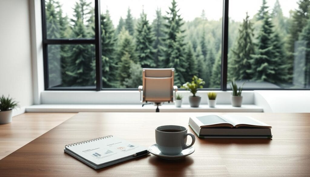 A serene, minimalist office space with a large window overlooking a lush, evergreen forest. In the foreground, a sleek wooden desk with a laptop, a clean white notebook, and a cup of coffee. On the desk, various icons and infographic elements representing content integration, marketing strategy, and evergreen content. The middle ground features a modern, ergonomic office chair and a few potted plants. The background showcases the verdant forest, with soft, natural lighting filtering through the window, creating a sense of tranquility and focus. The overall aesthetic is streamlined, sophisticated, and conducive to productive, long-term content planning.