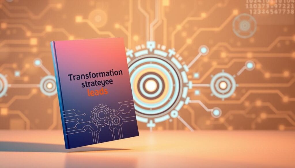 A sleek, modern ebook cover floating against a backdrop of a transformed digital marketing strategy. In the foreground, the ebook's title "Transformation stratégie leads" is displayed in a bold, minimalist font, its cover design featuring clean lines and a vibrant gradient. In the middle ground, a series of interconnected gears and circuits suggest the technological transformation of a lead generation strategy. The background is a soft, ethereal blend of digital patterns and abstract shapes, conveying a sense of innovation and evolution. Warm, directional lighting casts subtle shadows, adding depth and dimensionality to the overall scene. The mood is one of progress, opportunity, and the power of knowledge-sharing through digital content. A sleek, modern ebook cover floating against a backdrop of a transformed digital marketing strategy. In the foreground, the ebook's title "Transformation stratégie leads" is displayed in a bold, minimalist font, its cover design featuring clean lines and a vibrant gradient. In the middle ground, a series of interconnected gears and circuits suggest the technological transformation of a lead generation strategy. The background is a soft, ethereal blend of digital patterns and abstract shapes, conveying a sense of innovation and evolution. Warm, directional lighting casts subtle shadows, adding depth and dimensionality to the overall scene. The mood is one of progress, opportunity, and the power of knowledge-sharing through digital content.