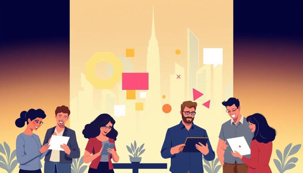 A stylish and modern illustration depicting practical ideas and advice for creating effective interactive content. In the foreground, a diverse group of people interacting with various digital devices and interfaces, their expressions engaged and enthusiastic. In the middle ground, abstract geometric shapes and patterns in a vibrant color palette, representing the interactive elements. The background features a minimalist, futuristic cityscape with sleek architectural designs, hinting at the digital, technology-driven nature of the subject matter. The lighting is soft and diffused, creating a warm, inviting atmosphere. The overall composition conveys a sense of collaboration, innovation, and the power of interactive content to enhance user engagement.