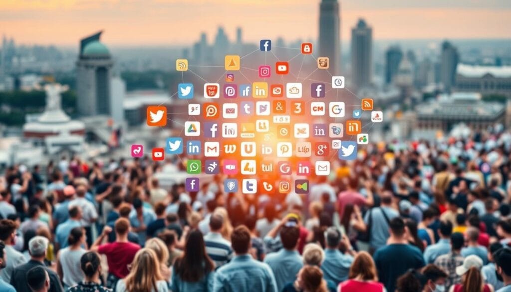 A vibrant and engaging community-driven social media landscape, with a dynamic and interconnected network of diverse digital platforms. In the foreground, a central hub of activity showcases users actively engaging, sharing content, and building meaningful connections. The middle ground features a mosaic of various social media app icons, each representing a unique channel for amplifying reach and fostering a sense of belonging. The background is a softly blurred cityscape, symbolizing the global reach and scale of online communities. The overall scene conveys a sense of energy, collaboration, and the power of social media to empower and expand communities.