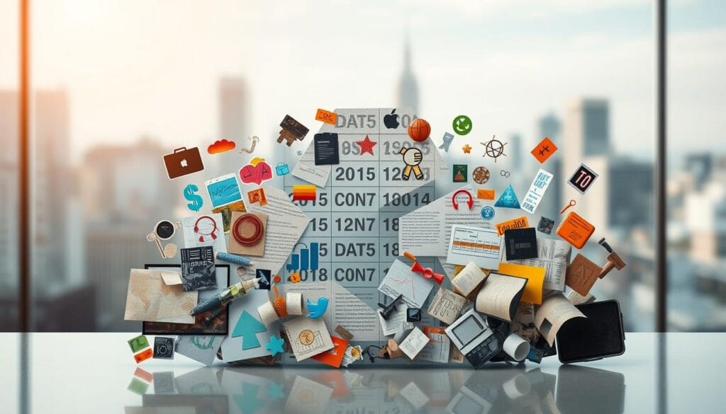 A vibrant collage of recycled content elements, set against a sleek, minimalist backdrop. In the foreground, a dynamic arrangement of repurposed graphics, icons, and digital scraps, expertly layered and juxtaposed to create a visually striking composition. The midground features a grid-like pattern of repurposed text and data, suggesting the structured approach to content recycling. In the background, a softly blurred cityscape or workspace setting, hinting at the practical application of this strategy. Warm, diffused lighting casts a sense of creativity and innovation, while a subtle color palette of muted tones and earth-inspired hues conveys the sustainable and eco-friendly nature of the concept. The overall image exudes a sense of purposeful, organized recycling, inspiring viewers to rethink and repurpose their own content.