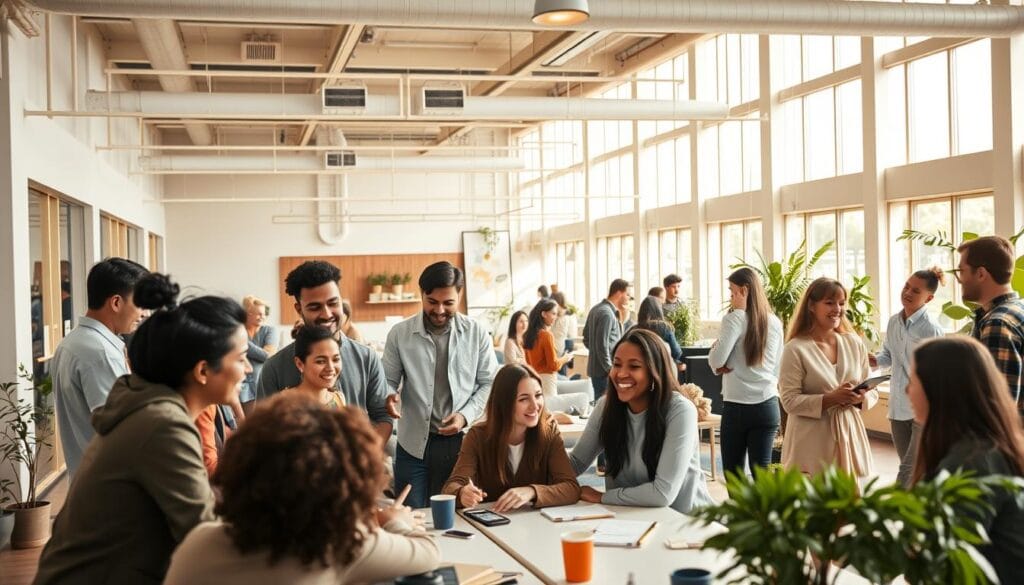 A vibrant, diverse community gathering in a modern, well-designed shared workspace. The foreground features a group of people collaborating around a large table, their faces alight with enthusiasm as they discuss ideas. The middle ground showcases a cozy lounge area with comfortable seating and plants, where additional community members engage in animated conversations. The background depicts an expansive, sun-lit open-concept office, with high ceilings, large windows, and minimalist decor that creates a sense of openness and creativity. Warm lighting, natural textures, and a cohesive color palette convey a welcoming, professional atmosphere conducive to productive community interactions.