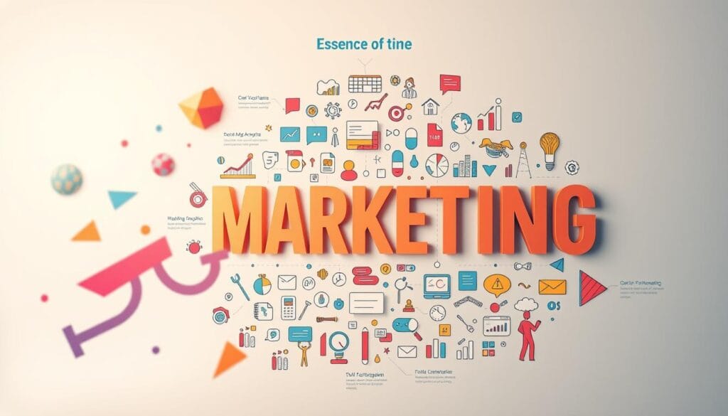 A vibrant, informative infographic showcasing the essence of marketing. In the foreground, bold geometric shapes and typographic elements dance across the canvas, conveying the dynamic nature of the discipline. The middle ground features a collage of icons and illustrations, each representing a key aspect of the marketing ecosystem - from social media and analytics to branding and content creation. In the background, a subtle gradient backdrop provides a sense of depth and sophistication. Soft, directional lighting accentuates the infographic's sleek, modern aesthetic, creating depth and dimension. The overall mood is one of clarity, creativity, and impactful visual communication.