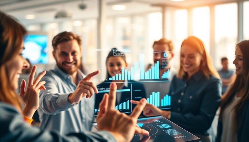 A vibrant, interactive user engagement scene. In the foreground, a group of smiling people interacting with a touchscreen display, their fingers dancing across the responsive interface. The middle ground features a stylized graphic representation of user data and analytics, visualized through dynamic charts and infographics. In the background, a blurred cityscape or office environment, suggesting the broader business context. The lighting is warm and inviting, creating a sense of energy and dynamism. The overall composition conveys the advantages of interactive content in driving user engagement, with a focus on intuitive, data-driven experiences.