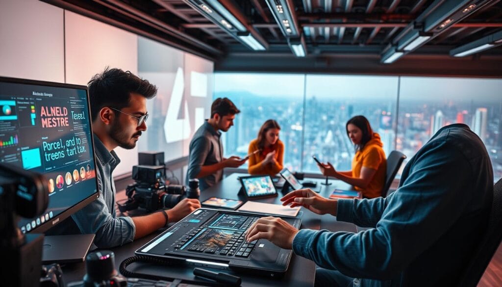 A vibrant, technology-infused scene depicting the creation of authentic content. In the foreground, a skilled designer manipulates digital tools on a sleek workstation, their face illuminated by the glow of a high-resolution display. Surrounding them, an array of innovative hardware - tablets, cameras, and cutting-edge peripherals - symbolizing the diverse technologies enabling modern content production. In the middle ground, a team of creatives collaborate, sharing ideas and refining their work, their expressions conveying a sense of focused intensity. In the background, a panoramic view of a bustling urban landscape, hinting at the interconnected, fast-paced world in which this authentic content will thrive. The overall mood is one of dynamism, innovation, and the seamless integration of human creativity and cutting-edge technology. A vibrant, technology-infused scene depicting the creation of authentic content. In the foreground, a skilled designer manipulates digital tools on a sleek workstation, their face illuminated by the glow of a high-resolution display. Surrounding them, an array of innovative hardware - tablets, cameras, and cutting-edge peripherals - symbolizing the diverse technologies enabling modern content production. In the middle ground, a team of creatives collaborate, sharing ideas and refining their work, their expressions conveying a sense of focused intensity. In the background, a panoramic view of a bustling urban landscape, hinting at the interconnected, fast-paced world in which this authentic content will thrive. The overall mood is one of dynamism, innovation, and the seamless integration of human creativity and cutting-edge technology.