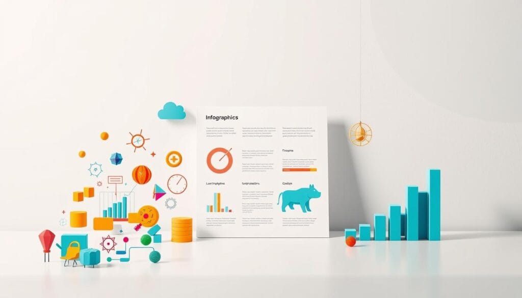 A visually striking infographic that captures the key advantages of using infographics in marketing strategies. The foreground features a dynamic arrangement of colorful geometric shapes, icons, and data visualizations, symbolizing the engaging and informative nature of infographics. The middle ground showcases a sleek, minimalist layout with clean typography, highlighting the clarity and conciseness of infographic content. In the background, a soft, gradient-based color scheme creates a sense of depth and sophistication, complementing the modern, professional aesthetic. The lighting is softly diffused, creating subtle shadows and highlights that add depth and dimensionality to the composition. The overall mood is one of clarity, impact, and strategic effectiveness, conveying the power of infographics to captivate and inform audiences.