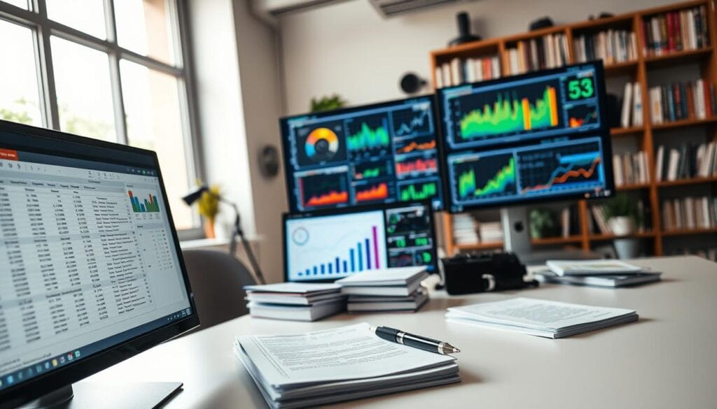A well-lit, close-up shot of an analyst's workspace, showcasing a variety of data analysis tools and instruments. In the foreground, a sleek, modern computer monitor displays a spreadsheet with various performance metrics. Next to it, a stack of neatly organized papers and a pen resting on a clean, minimalist desk. In the middle ground, an array of colorful charts, graphs, and analytics dashboards are displayed on multiple screens, creating a sense of data-driven decision-making. In the background, a bookshelf filled with relevant industry publications and a large window that lets in natural light, creating a bright, airy atmosphere conducive to productive work. The overall scene conveys a professional, tech-savvy environment where data analysis and testing are the central focus. A well-lit, close-up shot of an analyst's workspace, showcasing a variety of data analysis tools and instruments. In the foreground, a sleek, modern computer monitor displays a spreadsheet with various performance metrics. Next to it, a stack of neatly organized papers and a pen resting on a clean, minimalist desk. In the middle ground, an array of colorful charts, graphs, and analytics dashboards are displayed on multiple screens, creating a sense of data-driven decision-making. In the background, a bookshelf filled with relevant industry publications and a large window that lets in natural light, creating a bright, airy atmosphere conducive to productive work. The overall scene conveys a professional, tech-savvy environment where data analysis and testing are the central focus.