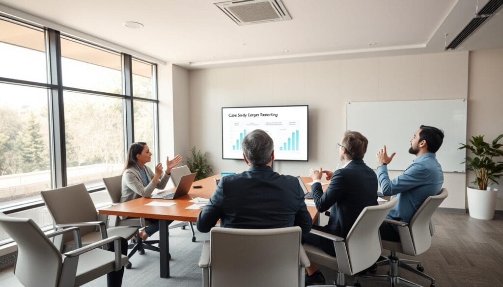 A well-lit, high-quality photograph of a business meeting room with a large conference table, comfortable chairs, and modern decor. The room has large windows allowing natural light to flood in, creating a bright, airy atmosphere. On the table, there are various documents, laptops, and a presentation screen. In the foreground, a group of professionals are engaged in a lively discussion, gesturing animatedly as they review a case study presented on the screen. The mood is one of collaboration, strategic thinking, and a sense of forward momentum. The camera angle is slightly elevated, capturing the scene from an overhead perspective to convey a sense of authority and professionalism.