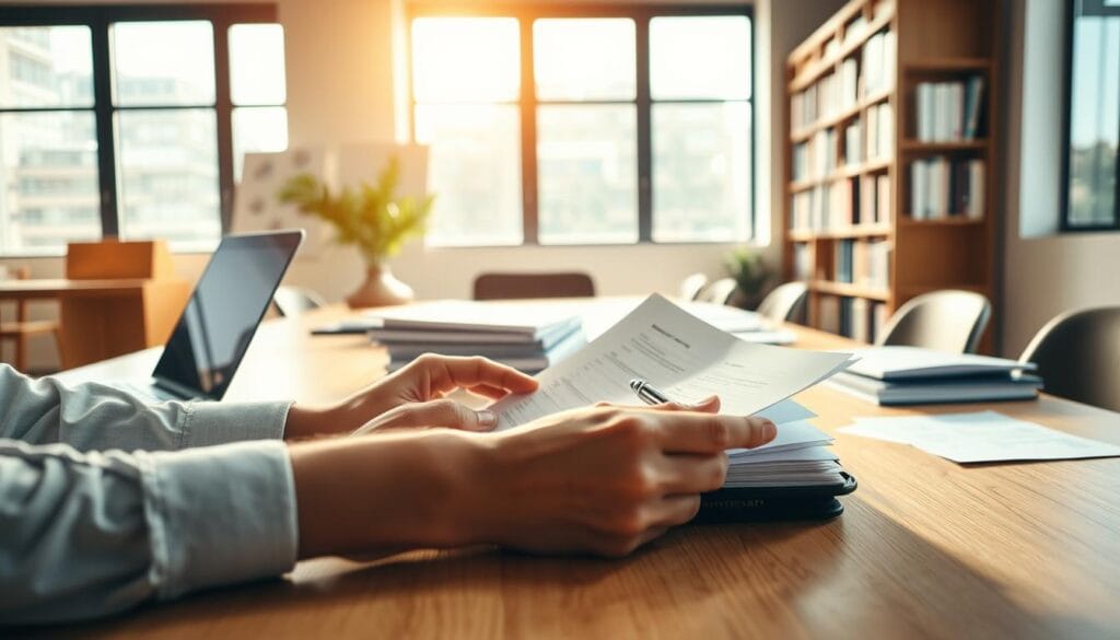 A well-organized office workspace with a laptop, clipboard, and stacks of papers on a clean, wooden desk. Warm, natural lighting filters in through large windows, casting a cozy, productive atmosphere. In the foreground, a pair of hands meticulously reviewing documents, deep in concentration. The middle ground features an open notebook and a pen poised, ready to capture insights from the data. In the background, bookshelves filled with reference materials suggest an academic, research-driven environment. The overall scene conveys a sense of diligent data collection and analysis, essential for crafting a compelling case study.